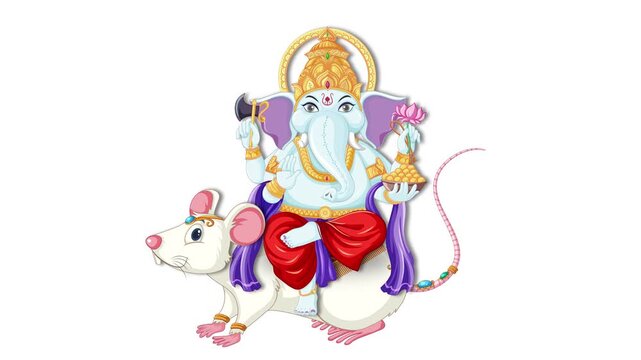 Animated Blue Elephant Deity Riding a White Mouse on White Background