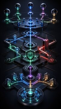 Vertical Futuristic 3D rendering of a fintech data pipeline showing a transaction flow through a secure network, with a firewall shield neutralizing a threat before reaching banking institutions.
