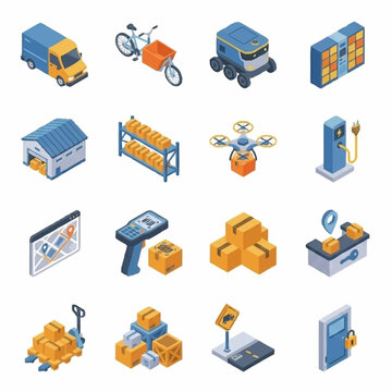 Colorful isometric icons of logistics, delivery, and warehouse operations.