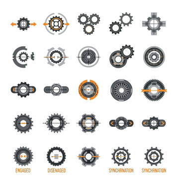 Gear Mechanisms: Engaged, Disengaged, Synchronization Icons Set