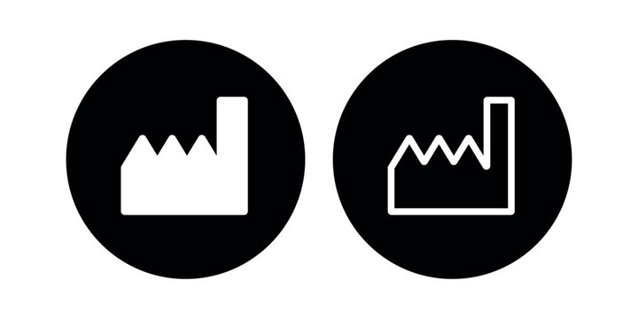 Manufacturer and Date of Manufacture Factory Symbols in Circular Black Icons for Product Packaging and Industrial Labeling