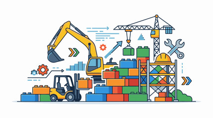 Fototapeta premium Construction scene with heavy machinery building blocks and tools
