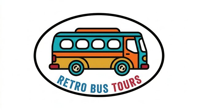 Retro bus tour vintage style colorful cartoon logo, travel concept