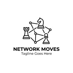 Naklejka premium Concept logo showing a knight, rook, and pawn linked by lines, illustrating strategic networking, collaboration, and systematic gameplay.