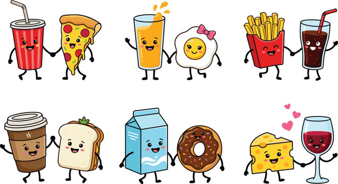 Cute Kawaii Fast Food and Drink Best Friend Characters Set for Funny Menu Sticker Designs
