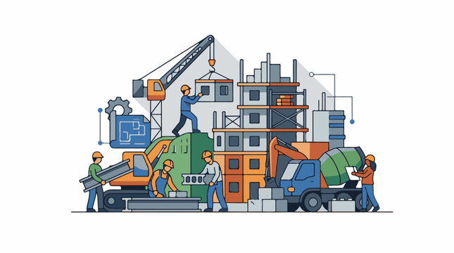 Construction scene with workers crane digger and truck