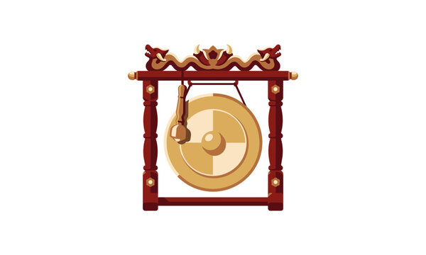 Traditional oriental bronze gong suspended in ornate carved wooden frame with striker.