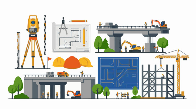 Construction site with workers equipment and blueprints