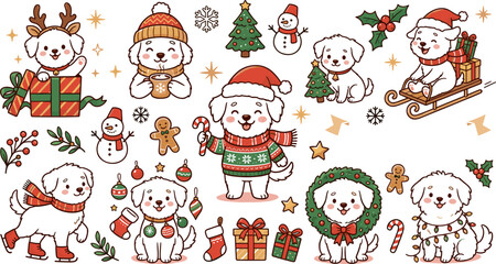 Fototapeta premium Large Vector Collection of Cute Christmas Dog Mascot Icons and Kawaii Winter Puppy Doodle Elements for Festive Holiday Greeting Cards and Seasonal Sticker Packs