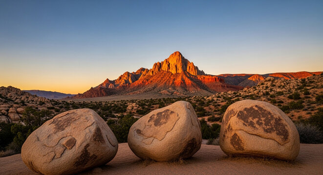 Three large boulders in the desert with a mountain range at sunset in the background landscape