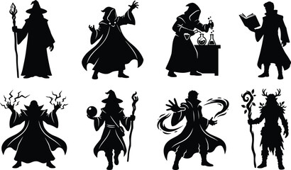 Fantasy wizard silhouette set of magic spell casters sorcerers and necromancer character icons vector © Mst