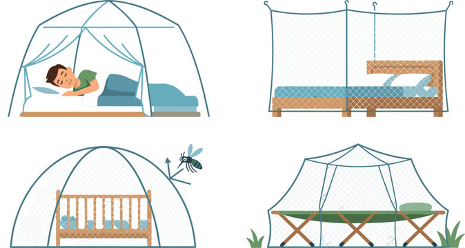 Mosquito Net Vector Icon Set with Bed Canopy Protection Shields for Sleeping Adults, Baby Cribs, and Outdoor Camping Cots to Prevent Insect Bites