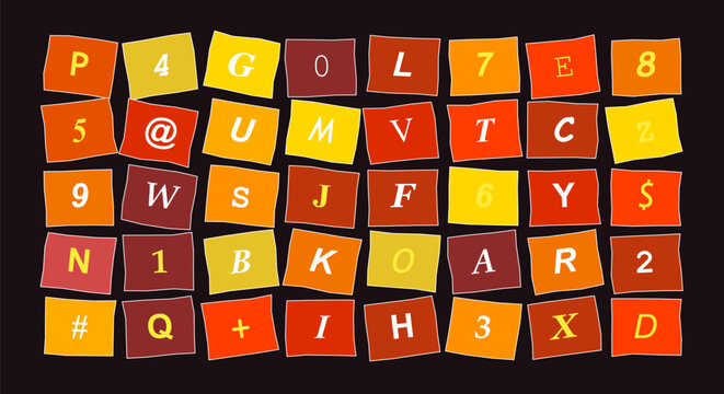 Autumn colored ransom note characters with mixed typography and symbols on earthy orange and brown paper scrap pieces.