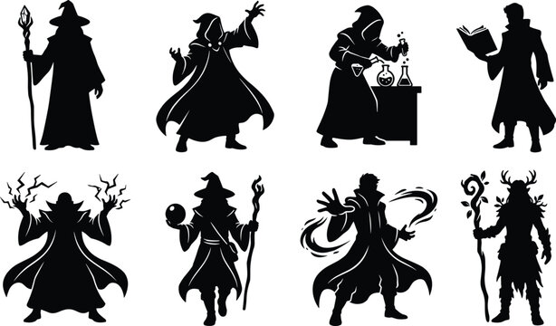 Fantasy wizard silhouette set of magic spell casters sorcerers and necromancer character icons vector
