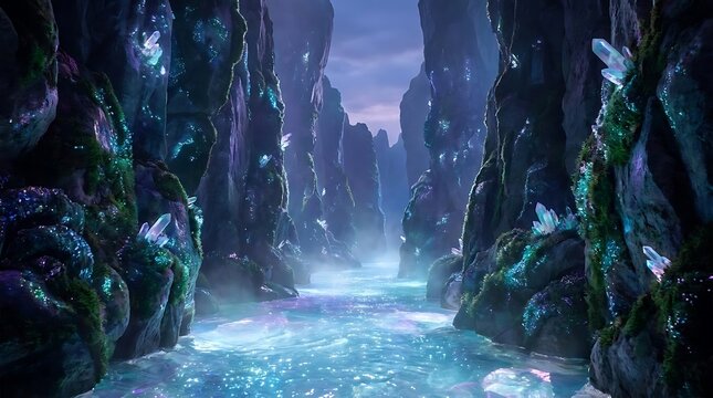 Magical cave interior with glowing crystals and river.