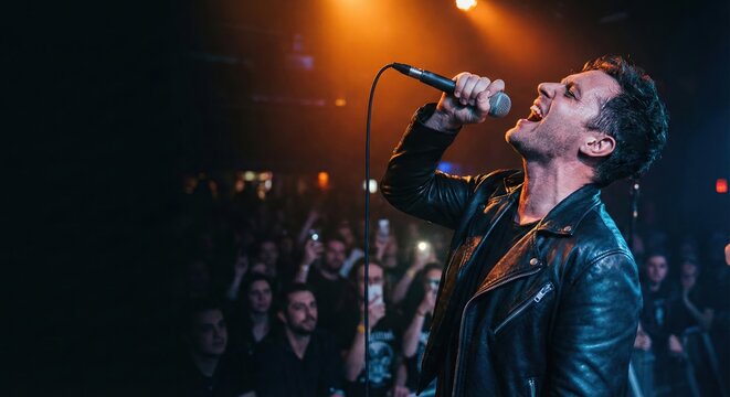 Man singing into microphone on stage in front of crowd