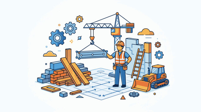 Construction worker supervises building project with crane materials and equipment