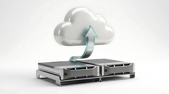 Elegant cloud upload concept featuring database servers with upward data transfer visualization. Suitable for cloud hosting, enterprise storage, digital transformation, backup services, cybersecurity 
