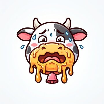Sweating and sick cow head vector illustration, cute cartoon melting cow face, scared domestic farm animal icon isolated on white background
