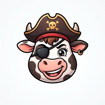 Pirate cow head vector illustration, cute cartoon cow wearing tricorn hat and eyepatch, captain farm animal icon isolated on white background
