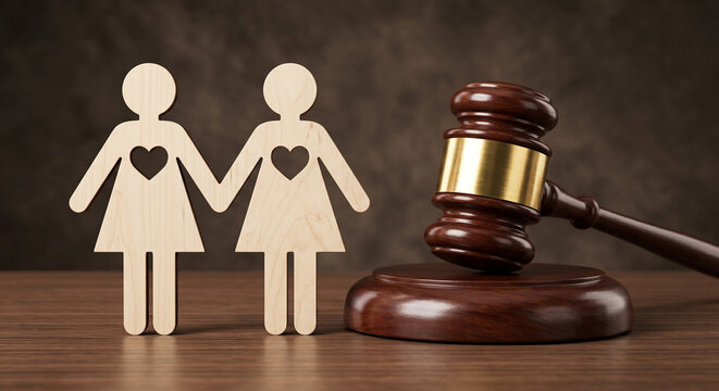 Female couple marriage equality legal decision on wooden table