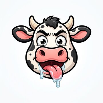 Funny cartoon cow head sticking out tongue and drooling isolated on white background