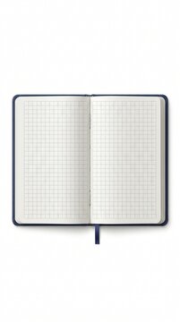Open blue notebook with grid pages ribbon bookmark minimalist design study tool