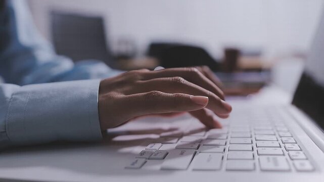 Typing on laptop closeup, chatting in Facebook, meeting website. Blogger, journalist writing new article.