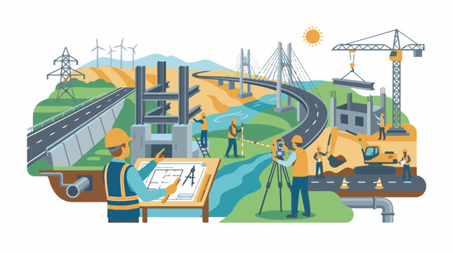 Construction workers build infrastructure like roads bridges and buildings