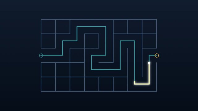 Maze with path shows problem solving strategy and finding solution