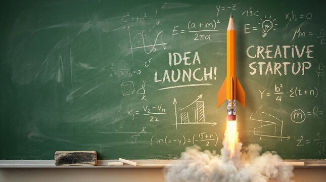 Creative startup idea launch. Rocket pencil launching from a chalkboard with equations. Business concept.