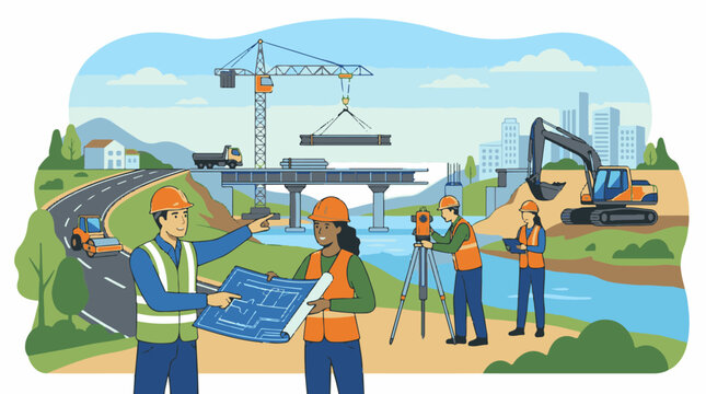 Construction workers surveying and directing bridge building with equipment