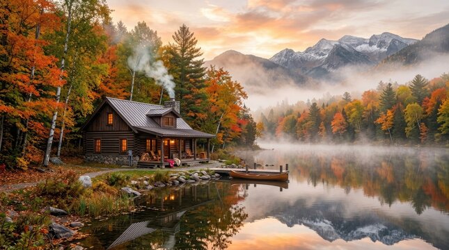 Peaceful lakeside cabin with canoe at wooden dock in autumn forest