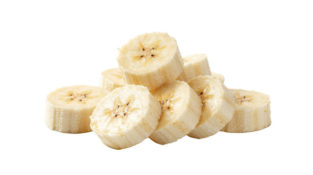 Fresh sliced banana pieces arranged in a stack isolated on white background for healthy eating