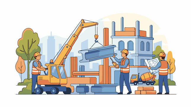 Construction workers use crane and blueprints at building site