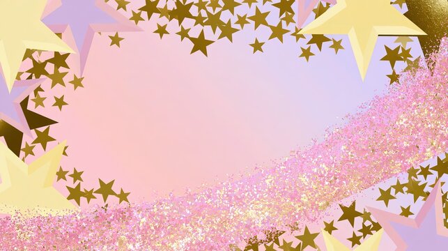 Whimsical digital backdrop with soft pink and light lavender gradient, open center framed by multicolored stars, large geometric pale yellow soft purple dark gold stars at outer edges, tiny solid gold
