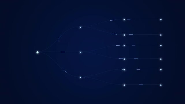 Abstract hierarchical network data flow animation connected nodes branching structure dark blue background