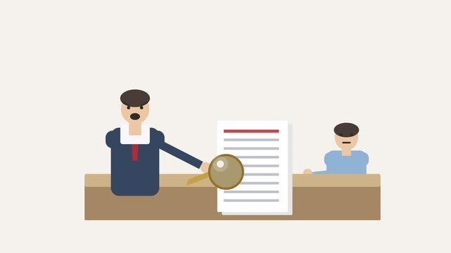 Angry boss micromanaging employee with magnifying glass over document