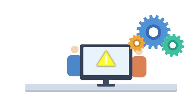 Team fixing computer error screen with gears and tools, technical support collaboration