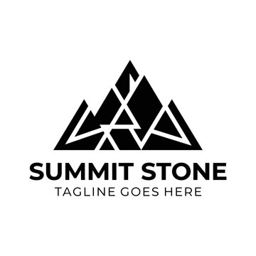Strong triangular emblem representing mountain summits for outdoor, hiking, travel, and adventure industries.