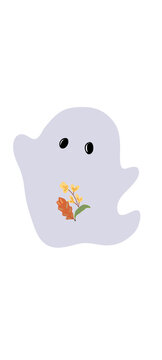Cute little ghost holding autumn leaves and flowers illustration. Friendly Halloween and fall season design element isolated on transparent or white background, png