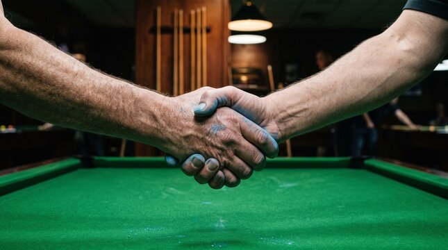 Two men shaking hands over a green pool table, symbolizing agreement and sportsmanship in a dimly lit billiard hall.