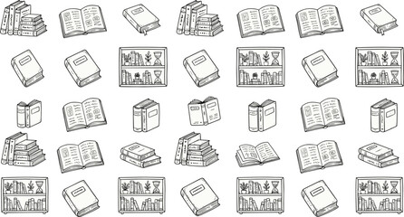 Hand drawn books and bookshelves pattern background vector set featuring open book, stack, library, and education sketch © Shirin