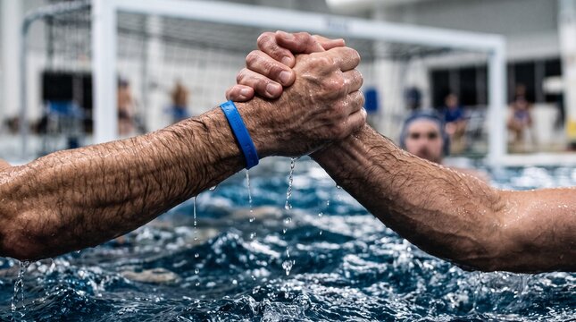 Two water polo players shaking hands in the swimming pool after a match.