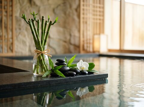Zen spa concept with basalt massage stones, green bamboo stalks, and orchid flower by an indoor hot spring