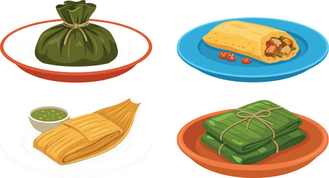 Traditional Latin American Tamales Vector Icon Set with Corn Husk Wrappers, Banana Leaves, and Salsa Bowls for Mexican Restaurant Menus and Culinary Festival Designs