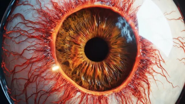 Extreme close-up of human eyeball with detailed iris and vessels
