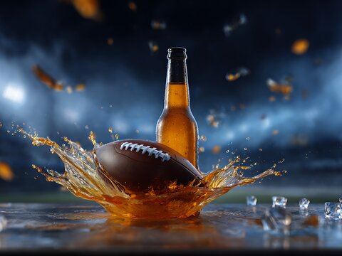 American Football Ball and Cold Beer Bottle with Epic Splash on Stadium Background