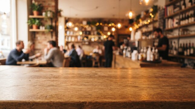  Empty Wooden Bar Countertop with Warm Bokeh Pub Lights Rustic Restaurant Background Copy Space Mockup