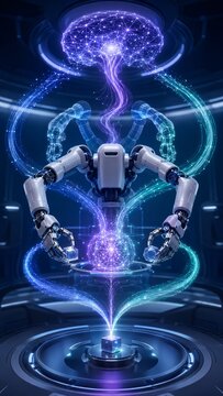 Vertical Futuristic 3D rendering of a robot with a holographic brain processing neural network data from a glowing energy core in a high-tech lab, a concept for artificial intelligence and machine lea